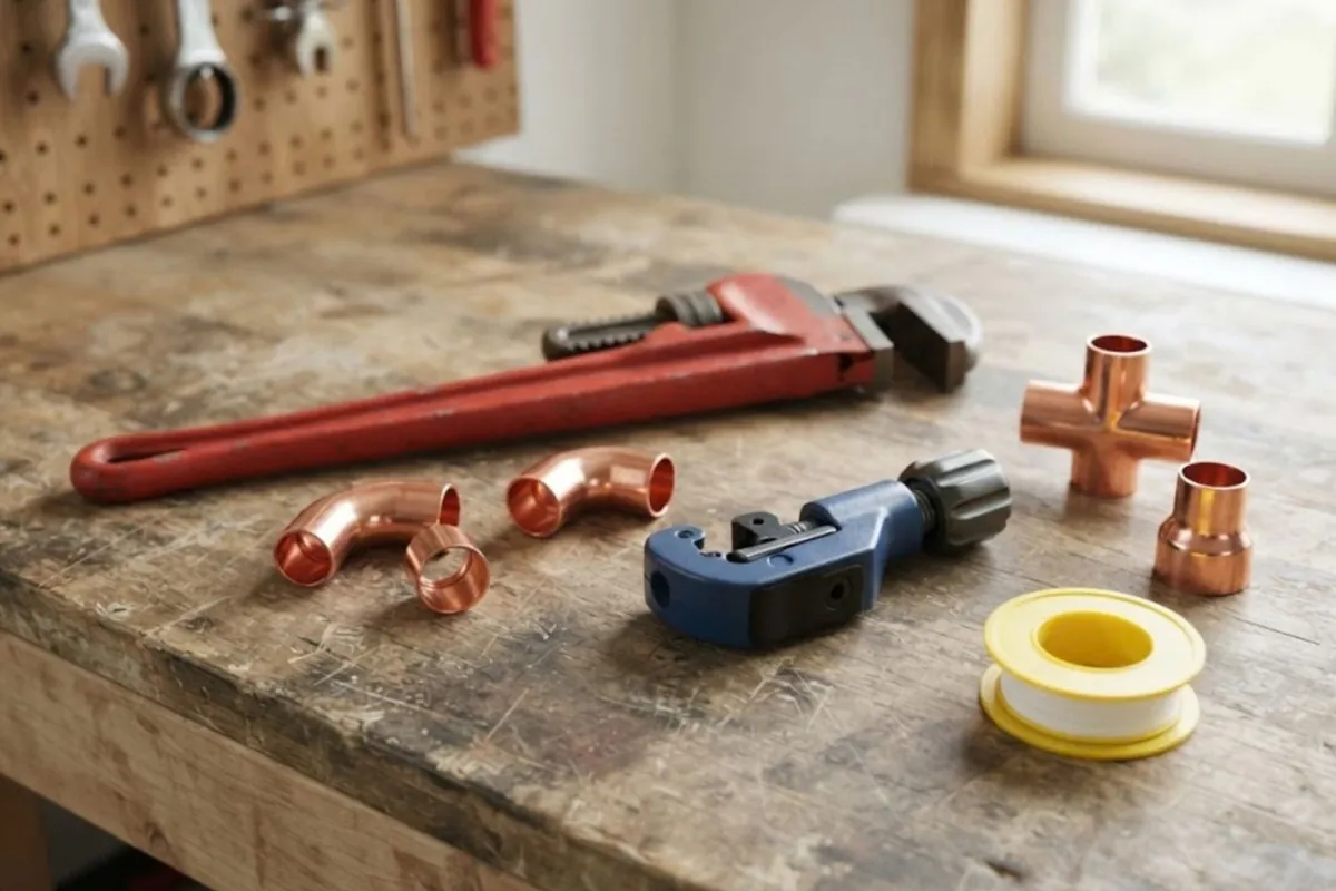 Plumbing tools and copper fittings on a workbench, ready for a Roswell, GA service call
