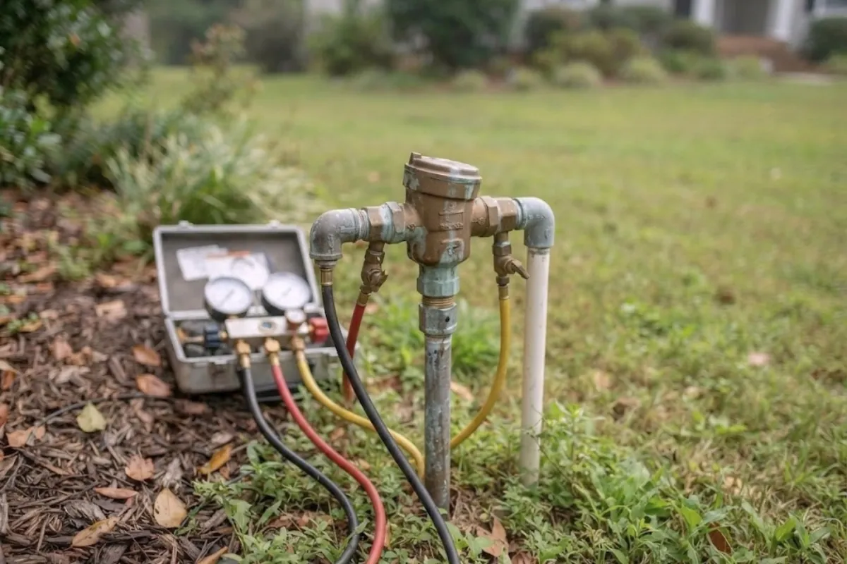 Irrigation backflow preventer being tested in Roswell, GA