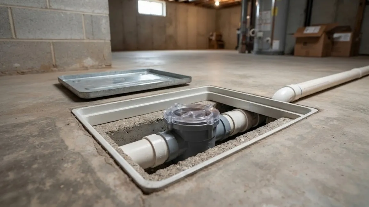 Backwater valve installed on a building drain to stop sewer backflow in a Roswell, GA basement
