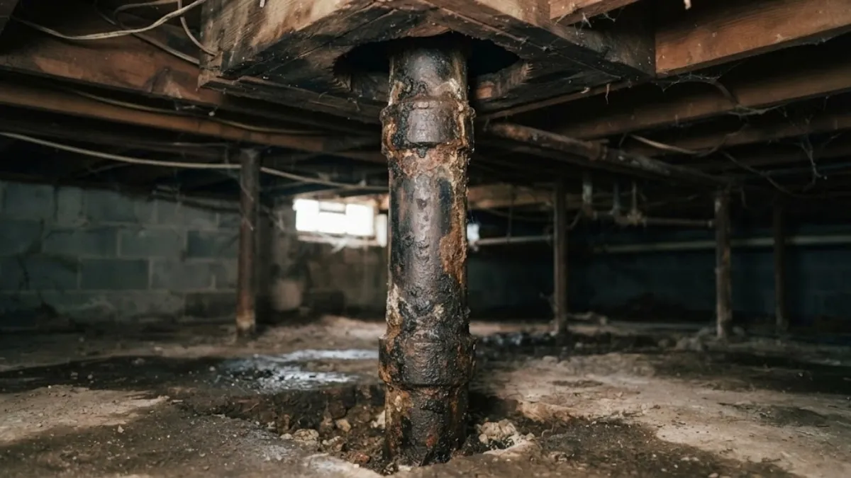 Aging cast iron drain stack in a historic Roswell, GA home