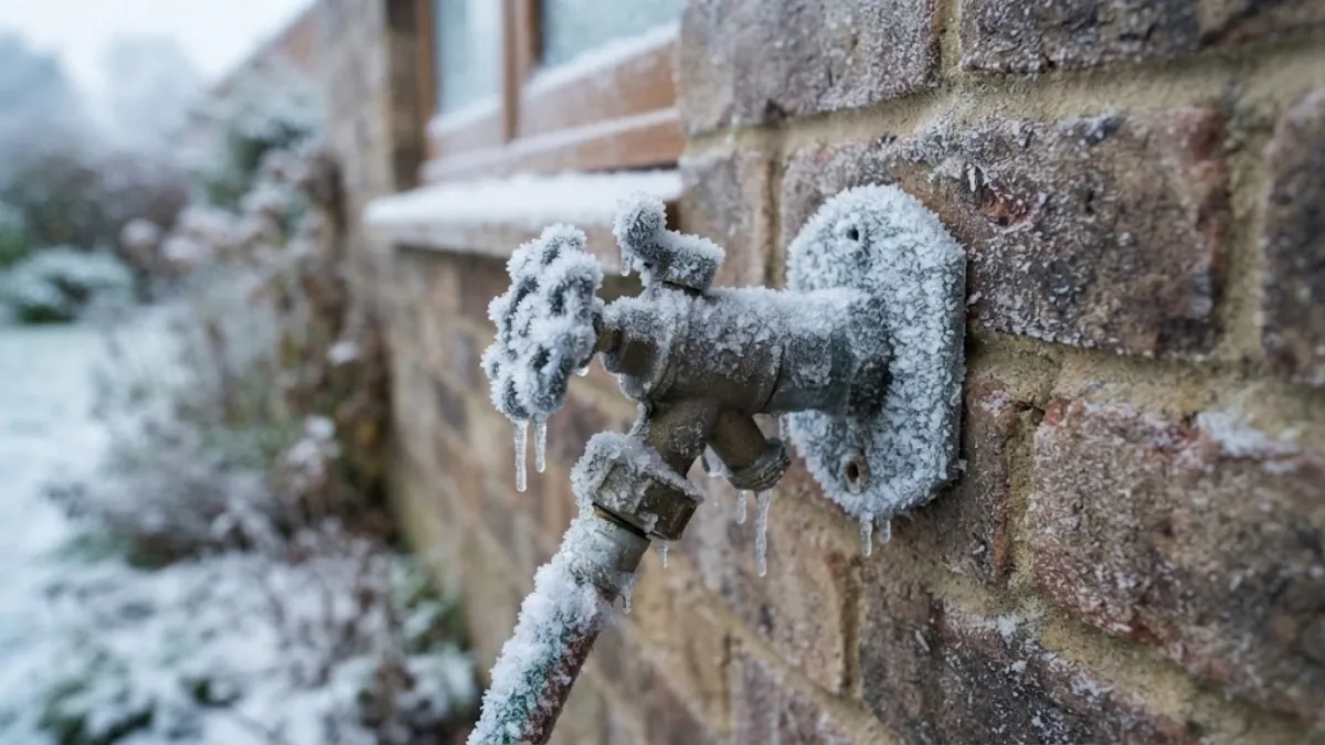 Frozen outdoor spigot during a North Fulton cold snap near Roswell, GA