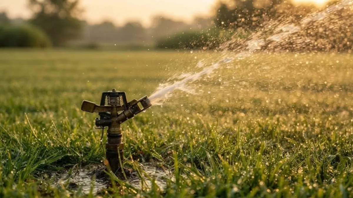 Irrigation sprinkler running during Georgia's permitted watering hours in Roswell