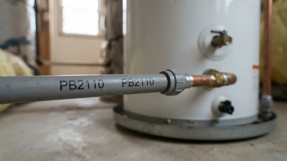 Gray polybutylene supply pipe in a 1980s Roswell, GA home