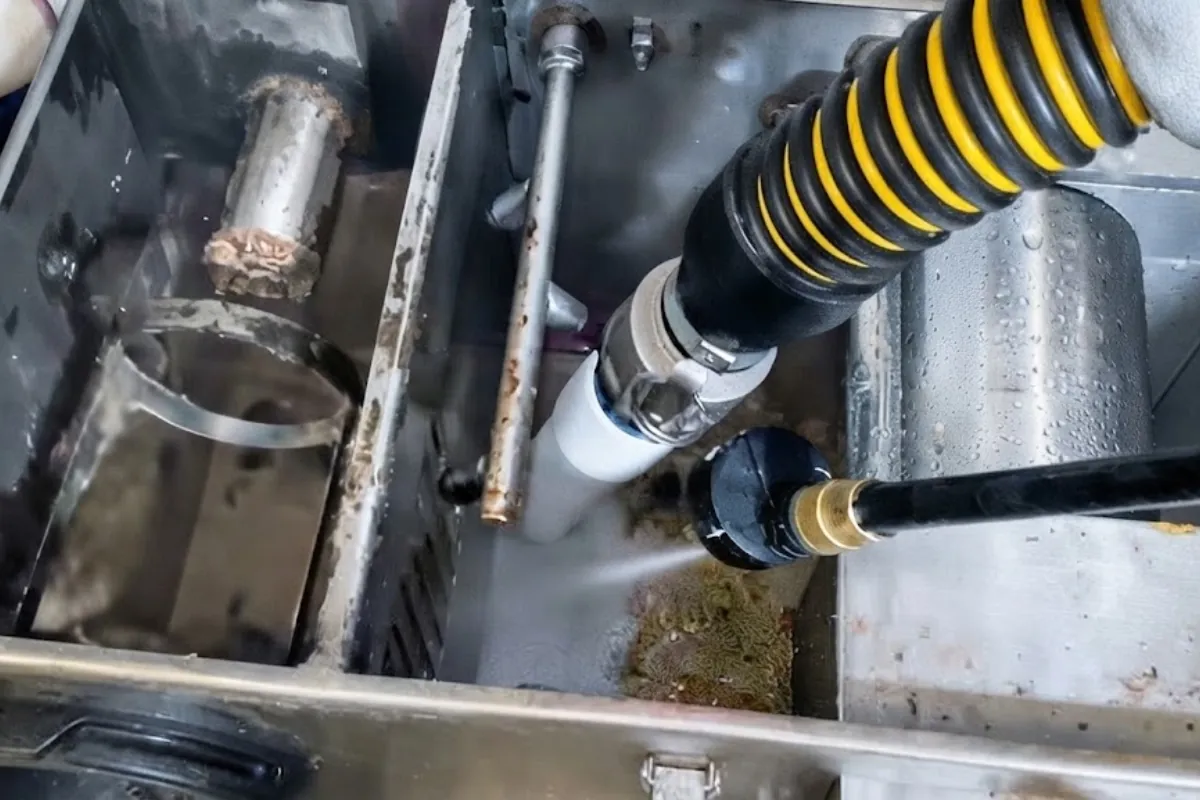 Commercial sink drain and supply plumbing being serviced in Roswell, GA