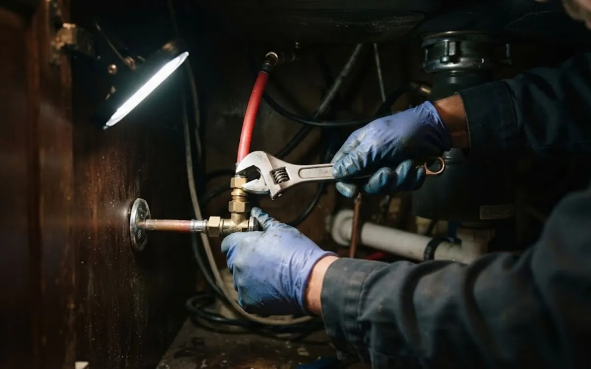 Emergency plumber repairing a supply line with a work light at night in Roswell, GA