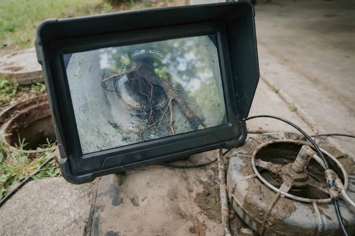 Sewer camera monitor showing root intrusion in a Roswell, GA sewer line