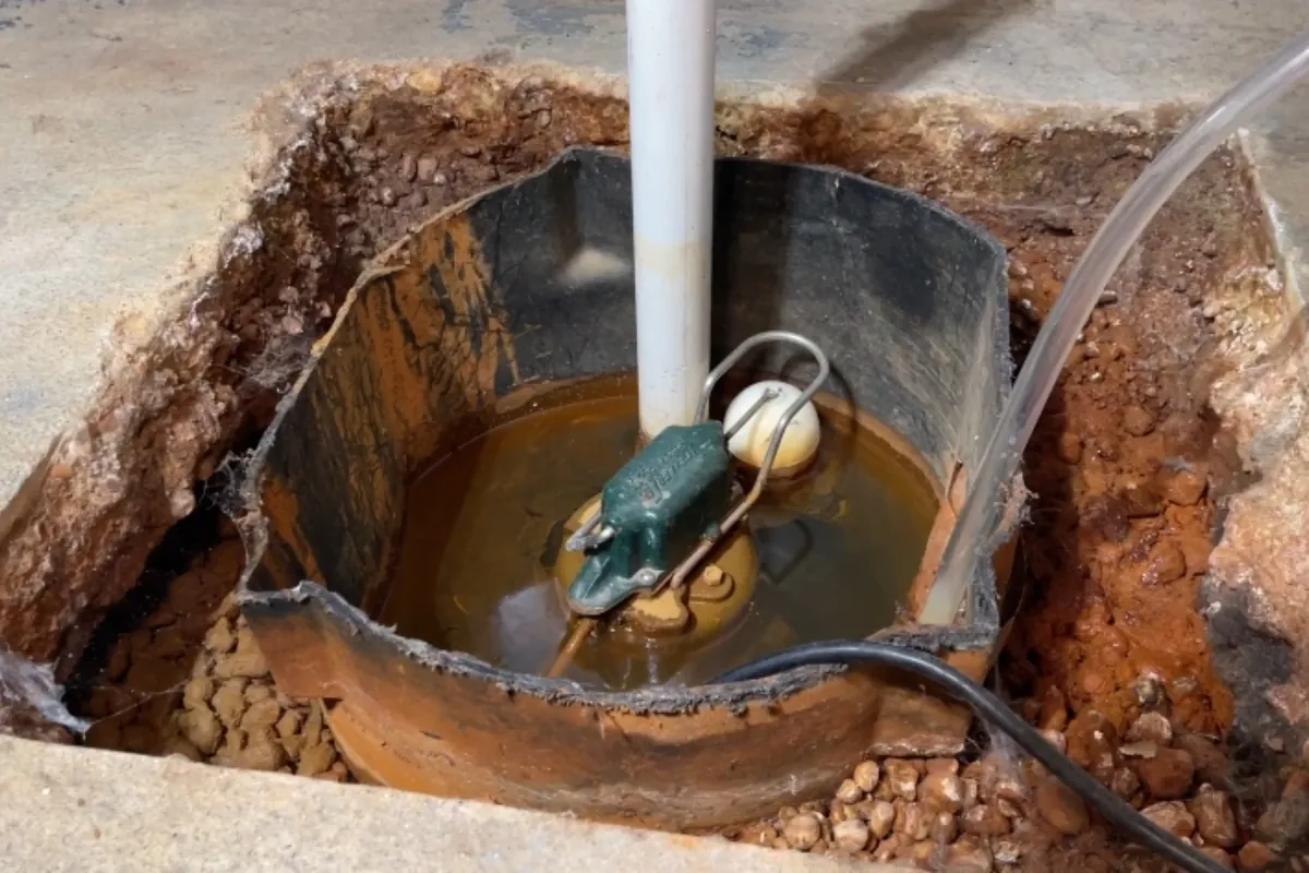Submersible sump pump with check valve in a Roswell, GA basement