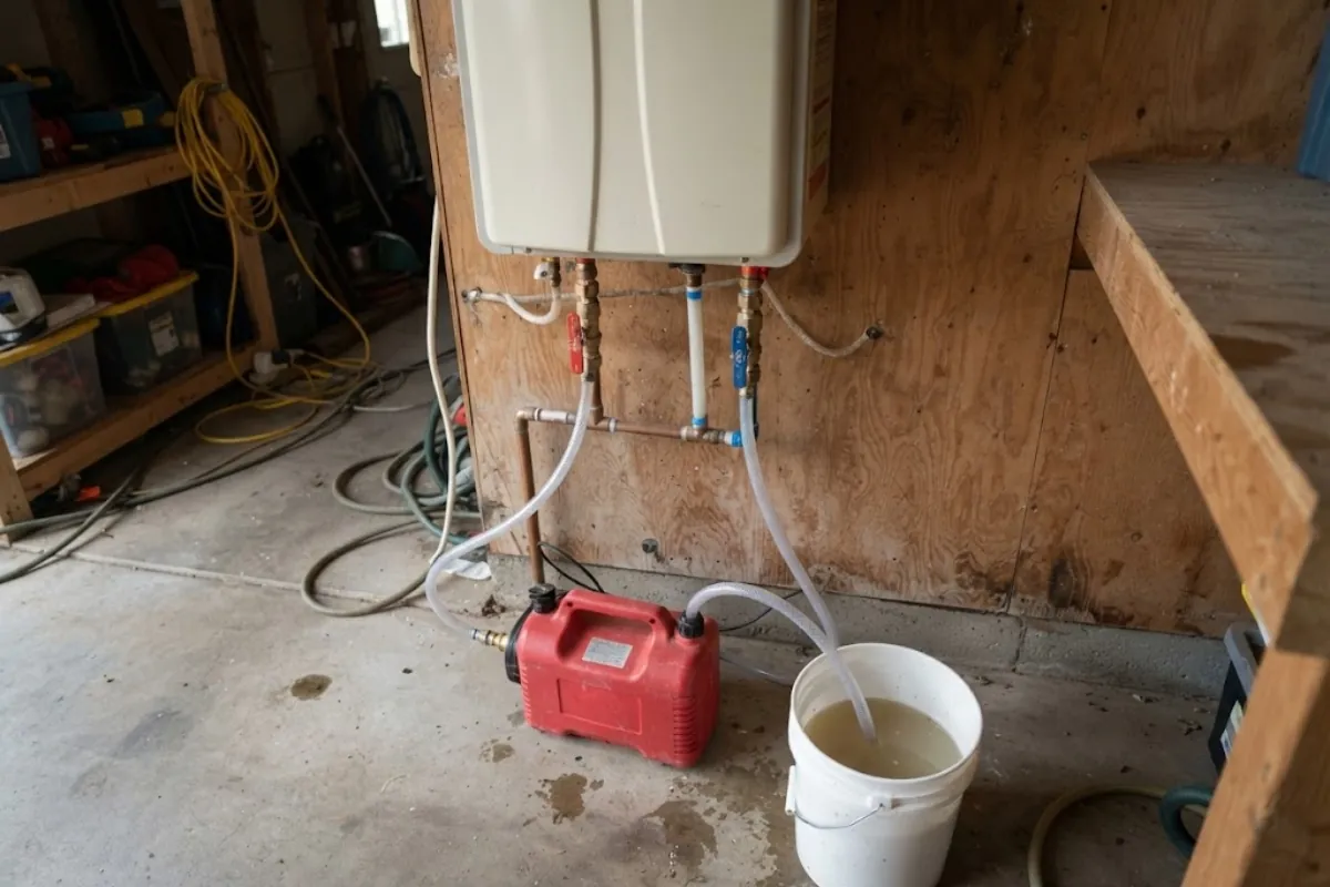 Tankless water heater being descaled in a Roswell, GA home