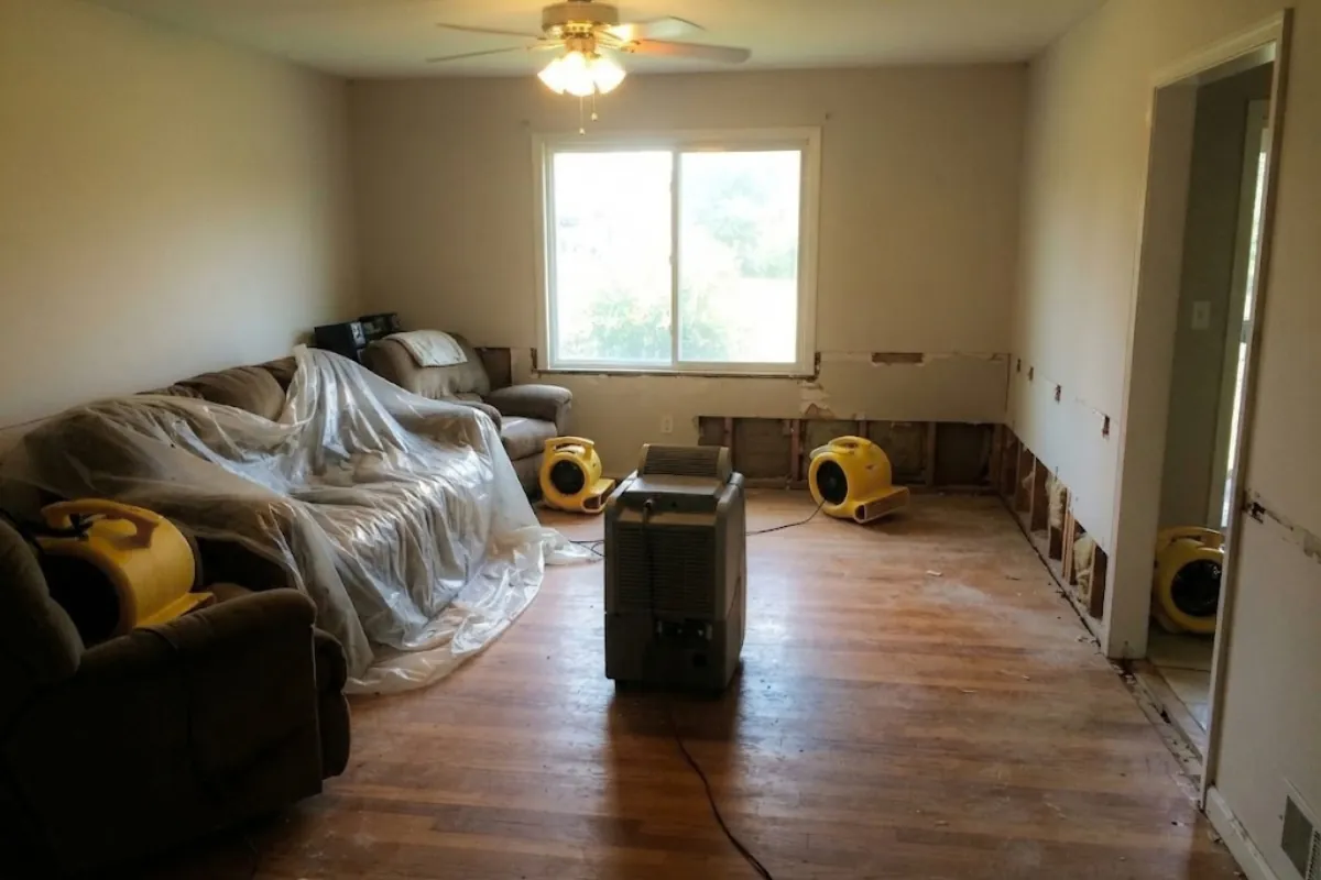 Structural drying equipment in a water-damaged room in Roswell, GA