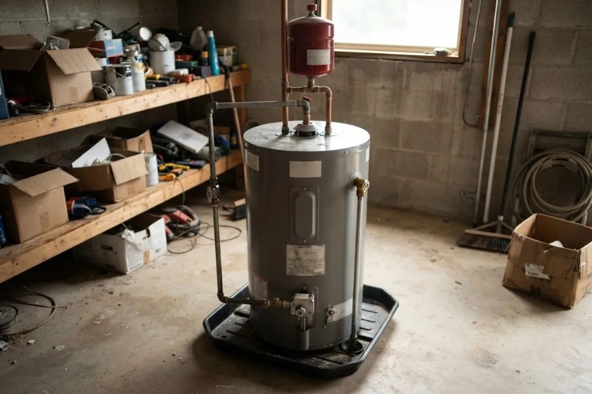 New gas water heater with expansion tank and drain pan installed in a Roswell, GA garage