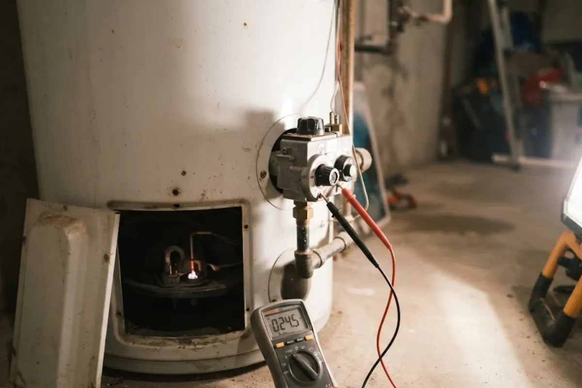 Plumber repairing a gas water heater control in Roswell, GA